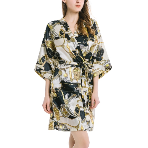 Women's Satin Kimono Robe Silky Short Loungewear Soft Luxurious Nightgown Robes