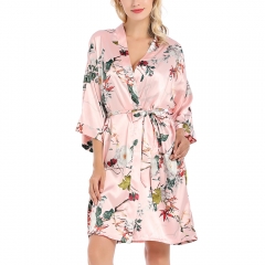 Women's Satin Kimono Robe Silk Floral Bathrobe Bridesmaids Short Pocket Loungewear