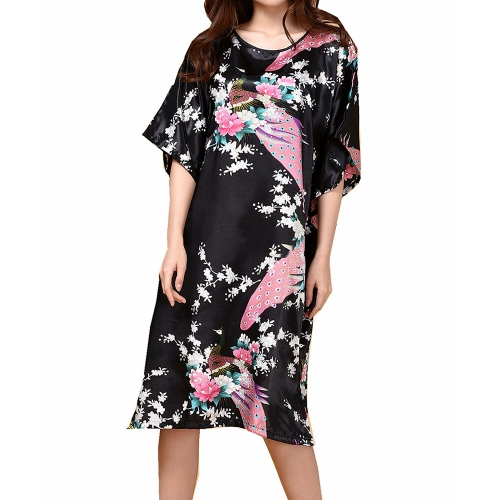 Women's Satin Nightgown Silk Peacock Sleep Dress Lounge Batwing Sleeves Nightshirt