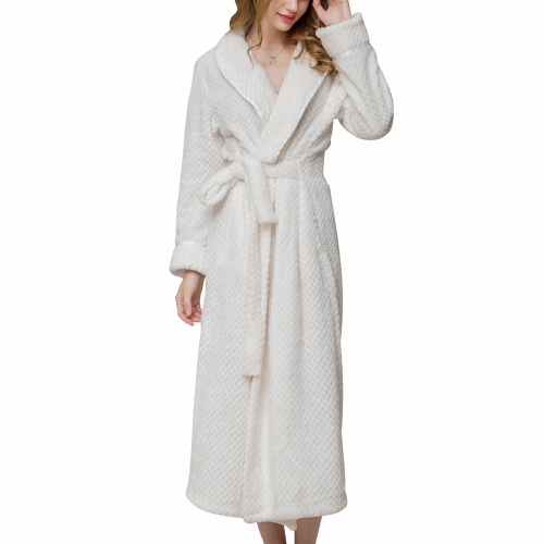Women's Long Bathrobe Shawl Collar Warm Plush Fleece Spa Shower Robe Loungewear