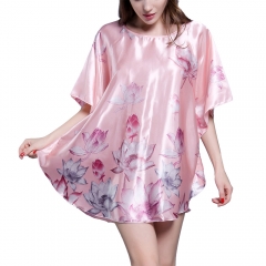 Women's Satin Nightgown Silk Short Batwing Lightweight Floral Soft Sleepwear Dress