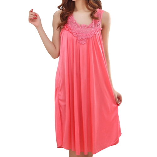 Women's Satin Loungewear Silky Chemise Lace Nightgown Long Sleeveless Sleep Dress