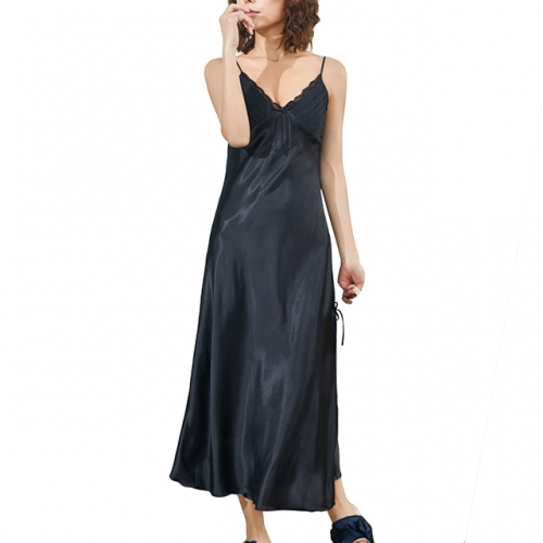 Women's Long Camisole Sleep Dress Luxury Lace Lingerie Soft Ruched Satin Nightgown