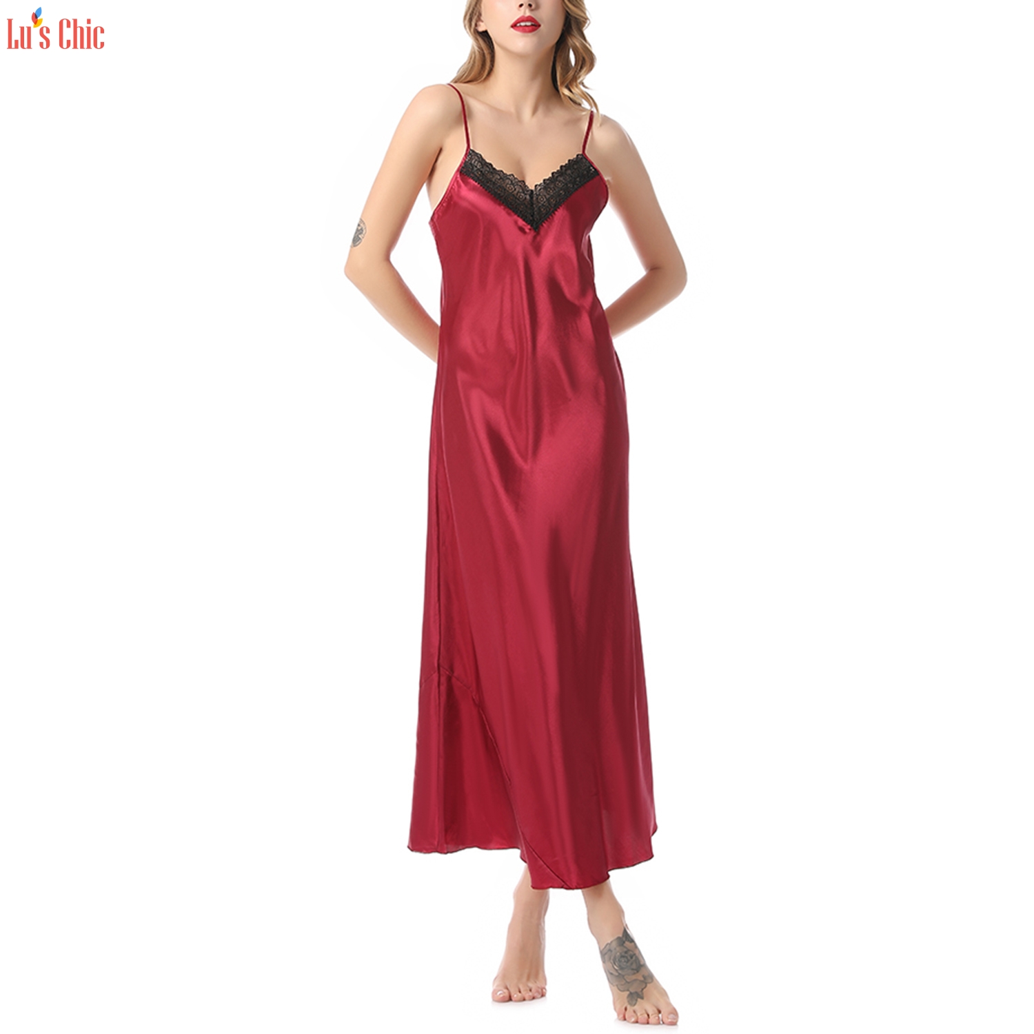 Women's Satin Nightgown Long Silk Lingerie Chemise - Lu's Chic