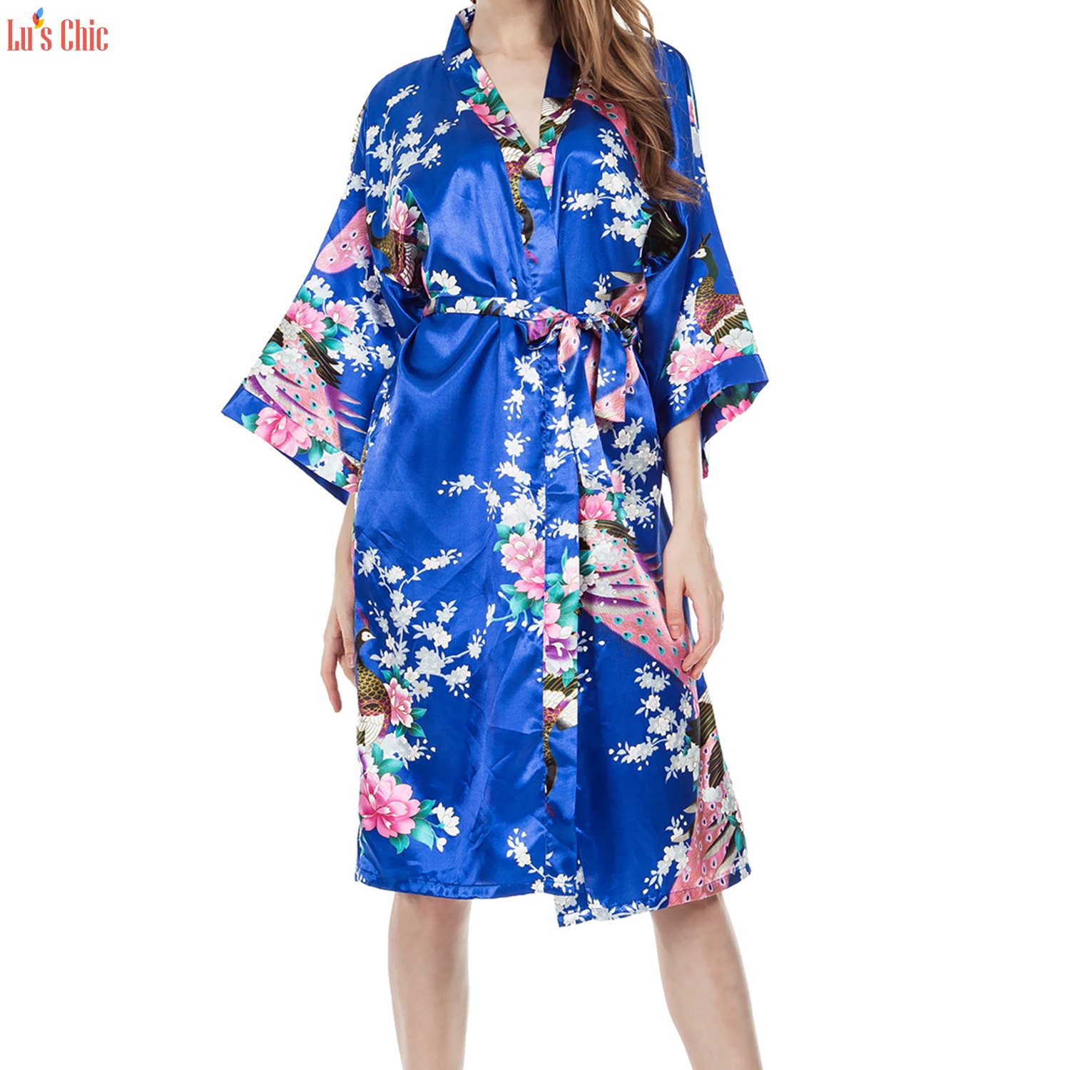 Women's Long Satin Silk Print Kimono Robe - Lu's Chic