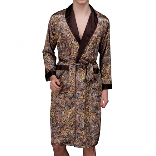Men's Satin Kimono Robe Long Sleeve Bathrobe Paisley Spa Knee Length