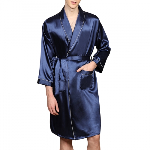 Men's Satin Kimono Robe Long Sleeve Bathrobe 2 Piece with Boxer Shorts