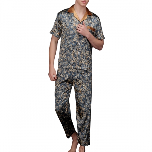 Men's Satin Pajamas Set Short Sleeve Loungewear Button Down Sleepwear Soft Pjs Print