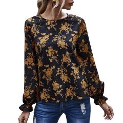 Women's Long Sleeve Top Shirt Chiffon Blouse Ruffle Tunic Print