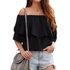 Women's Short Sleeve Tops Summer Shirts Off Shoulder Blouses Ruffle Tshirt Elastic Band