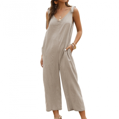 Women's Jumpsuit V Neck Rompers Casual Capri Pants with Pockets