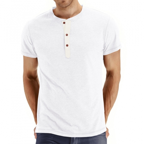 Men's Short Sleeve T Shirts Henley Cotton Tops Slim Fit Solid Button Tee