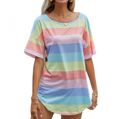 Women's Short Sleeve Tops Striped Casual T Shirts Summer Rainbow Printed Loose Tee