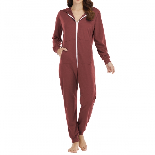 Women's Long Sleeve Onesie Pajamas V Neck Pyjamas Hooded Romper Pj Jumpsuit Zipper
