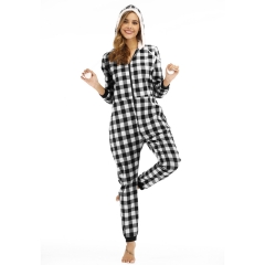 Women's Long Sleeve Onesie Pajamas V Neck Christmas Plaid Jumpsuit Hooded Cotton Zipper