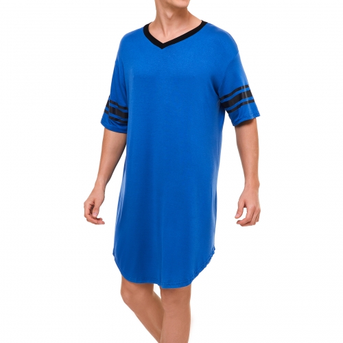 Men's V Neck Nightgown Short Sleeve Nightshirt Soft Sleepshirt Striped Pajama Top Sleep