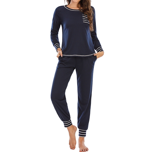Women's Two Piece Pajamas Long Sleeve Pj Set with Pockets Crew Neck Soft Loungewear