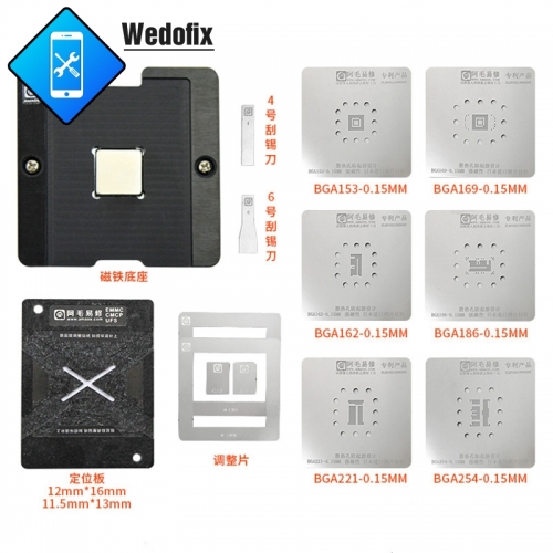 Amaoe EMMC EMCP UFS BGA Reballing Stencil Kit with Positioning Mould Magnetic Base BGA153 BGA162 BGA169 BGA186 BGA221 BGA254