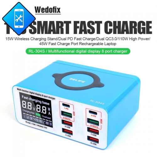 15W 8 Ports USB Charging Hub Fast Charge Station with Digitial Display PD3.0 QC3.0 for Mobile Phone Laptop Charging