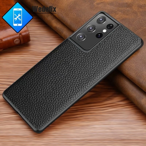 For Samsung S22 S23 Leather Case Lychee Leather Simple Case Protective Back Rear Glass and Anti-drop 