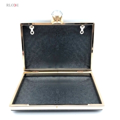 Thin Model Rectangular Shape Diamonds Head Decoration Light Gold Purse Metal Frame With Plastic Box 7.9 x 4.8 Inch