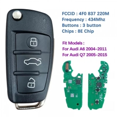 Aftermarket 3 Button Flip Key For A-udi Q7 A6 Remote Frequency 433 Mhz 8E Chip FCCID Number 4F0837220M