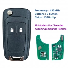 Aftermarket 2 Button Remote Flip Key Uncut Blade With 433MHz ID46 Chip For Chevrolet Aveo Cruze Orlando