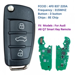 Aftermarket 3 Button Flip Car Key For A-udi A6 Q7 Remote Fob Control 315MHZ 8E Chip 4F0 837 220 A Without Logo