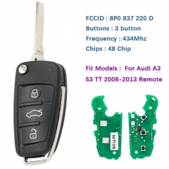 Aftermarket 3 Buttons Remote Car Key With 433MHz ID48 Chip For A-udi A3 S3 TT FCCID Number 8P0837220D