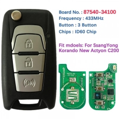 Original PCB 3 Button Flip Key For Ssangyong Korando Actyon C200 Remote Frequency 433 MHz ID60 Chip 87540-34100