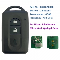 Aftermarket 2 Button Smart Key Fob 433 MHz Transponder 4D60 Chip Part No 285E3AX605 / 285E3BC00A Without Logo