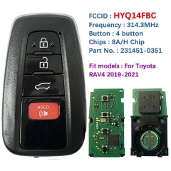 Aftermarket 4 Button Replacement Key For Toyota RAV4 2018-2019 With 314.3MHz ASK 8A Chip FCC ID 14FBC-0351-US