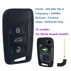 3 Button OEM Smart Key 434MHz NCP21A2W Chip HITAG PRO Part No 3V0 959 752 G For Skoda Superb Facelift