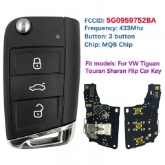 Smart Remote 3 Button Flip Key ASK 434MHz ID48 MQB Chip 5G0959752BA Support All Programmer For VW Tiguan Touran Sharan