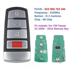 Aftermarket 4 Button Key For VW Passat CC 2006-2014 Smart Remote 3C0 959 752 AM 315Mhz ID48 Chip NBG009066T