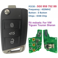 Aftermarket 3 Button Flip Car Key Remote FCCID 5G0 959 752 BB ID48 Chip 5G0 959 753 BA For VW Tiguan Touran Sharan