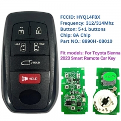 Aftermarket 5+1 Button Smart Keyless Remote Key 8A Chip 312/314Mhz 8990H-08010 FCC HYQ14FBX For Toyota Sienna 2021-2022