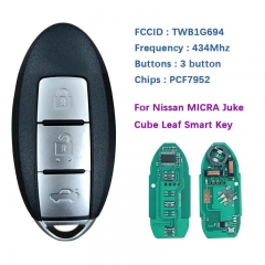 Original 3 Button Smart Key For Micra Juke Cube Leaf Keyless Key 434MHZ PCF7952 FCCID TWB1G694 285E3-9KN0A