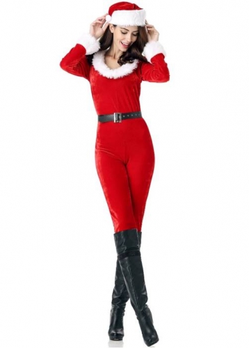 GRACIN Womens Christmas Santa Claus Jumpsuit, 3 Pieces Festive Velvet Catsuit with Hat