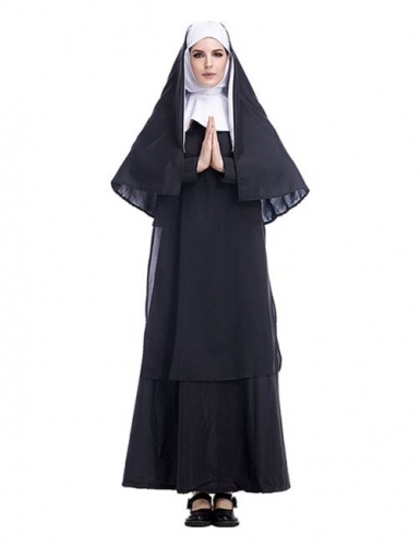 Nun Costume Scary Halloween Cosplay, 2 PCS Mother Roleplay Dress with Headpiece