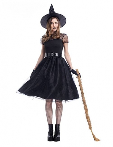 Womens 4 Pieces Sexy Witch Costume, Halloween Classic Witch Dress with Gloves
