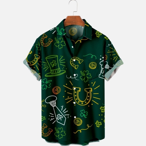 HAPNBCELE Mens St.Patrick's Day Shirt Crushin Clover Printed Casual Short Sleeve Hawaiian Button Up Shirts