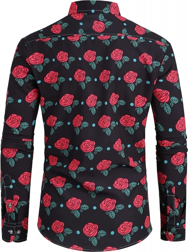 NBTOON Valentines Day Men's Floral Shirts 3D Rose Printed Long Sleeve Button Down Hawaii Shirt