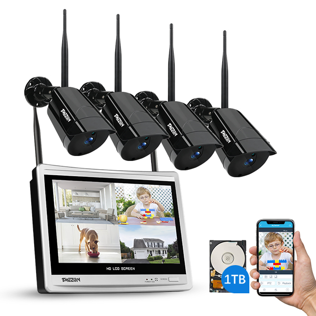 Kit Vidéosurveillance Audio Système de caméra de sécurité WiFi sans Fil Auto-Paire,TMEZON NVR 8CH Vidéo Enregistreur 4pcs IP Caméra de Surveillance 2MP 1080p Vision Nocturne Access à Distance 1TB HDD 