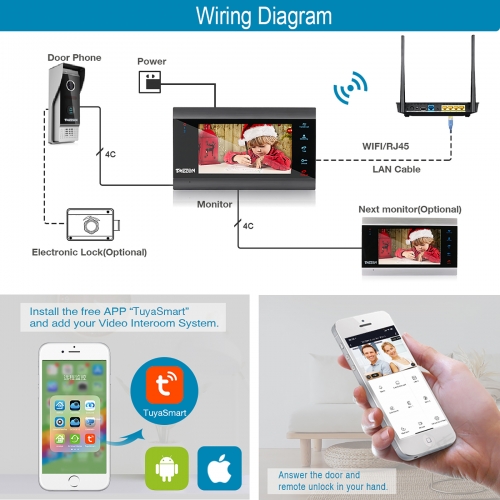 TMEZON Wireless WiFi IP Video Doorbell Door Phone Intercom System 2x 7'' Monitor