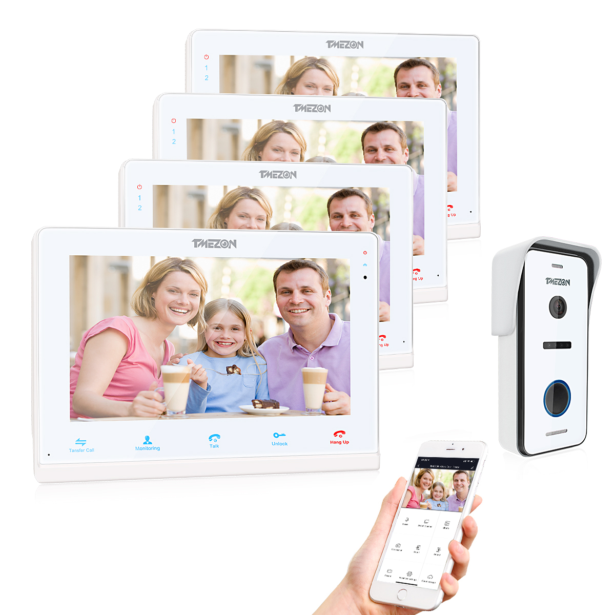 TMEZON video doorbell kit door entry system multi monitors outside unit  for one family, wifi remote access, night vision,