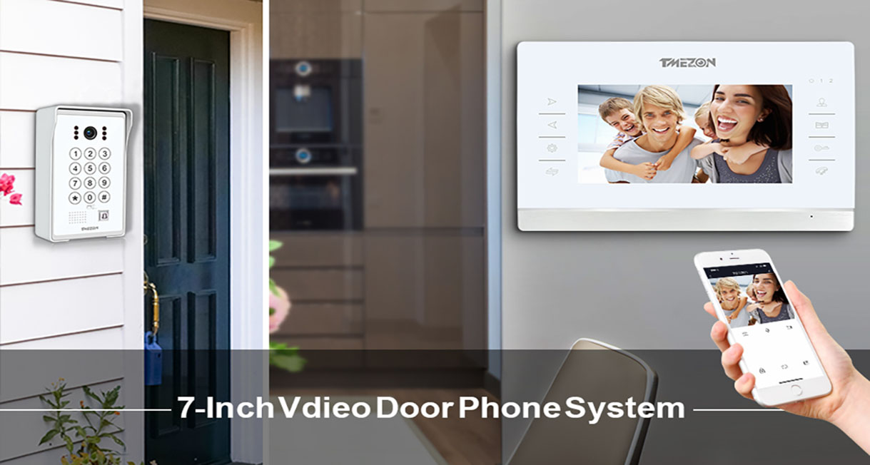 TMEZON Video Door Intercom System,7 Inch 960P WLAN Monitor with Wired Camera  Outdoor, 4-in-1 APP/Password/Card Swipe/Monitor Unlock,Snapshot/Recording,Video  doorbell system
