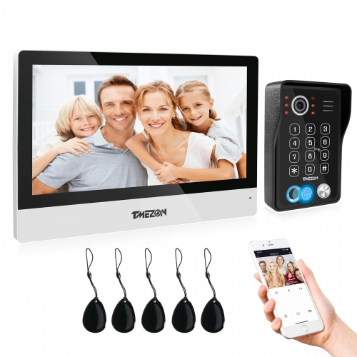 TMEZON Video Door Intercom System,10 Inch 1080P WLAN Touchscreen Monitor with Wired Camera Outdoor, 5-in-1 APP/Password/Fingerprint/Card Swipe/Monitor