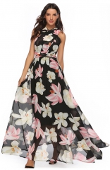 Layered-Back Lace-Up Floral Print Maxi Dress