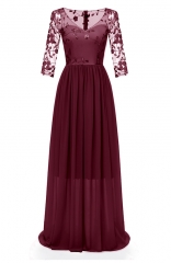 Red Lace Embroidery Gown Double-Layer Chiffon Maxi Dress